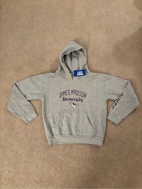 James Madison University JMU Dukes Hoodie Sweatshirt Gray Purple Size M Vintage